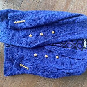 Zara Cobalt Blue Bouclé Double-Breasted Blazer with Gold Buttons